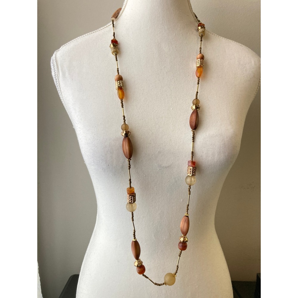 Boho Beaded Long Necklace Wood Glass Gold Tone Browns Earthy 40 Inch Statement
